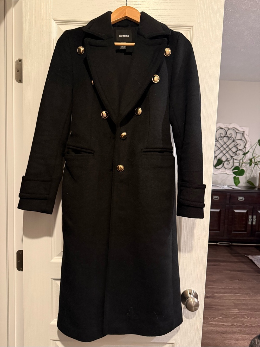 Express Black Double-Breasted Long Pea Coat with Gold Buttons